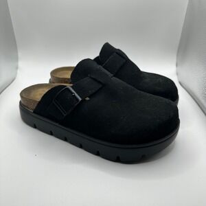 PROJECT CLOUD Black Suede Clogs Mules Cork Footbed Buckle Strap Size US 6.5